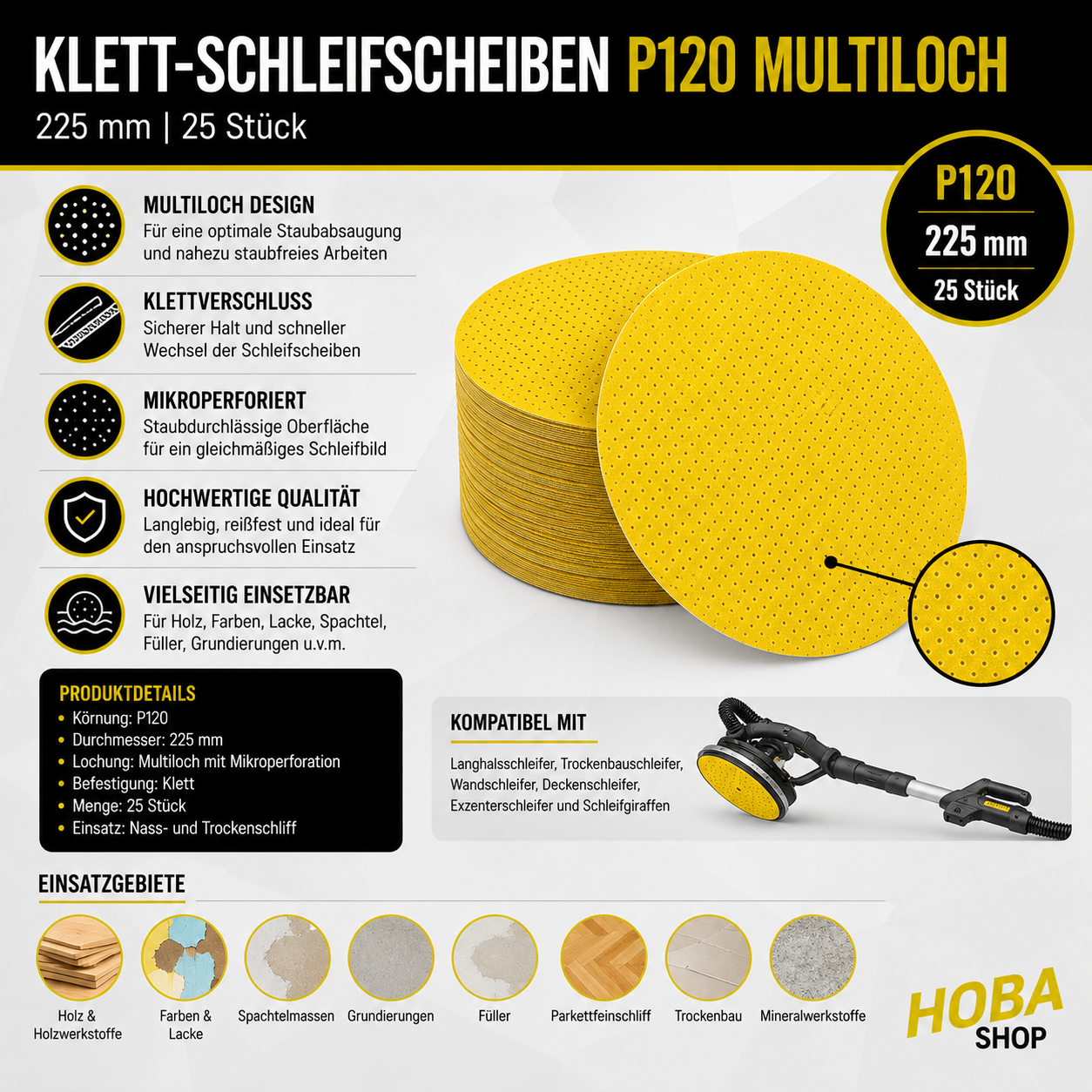 hoba® Klett-Schleifscheiben P120 Multiloch | 225mm | 25 Stück
