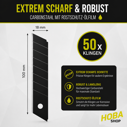 hoba® Cuttermesser Klingen 18mm - Abbrechklinge / Messerklinge | 50 Stück